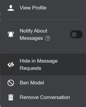 options to hide messages and ban model on stripchat
