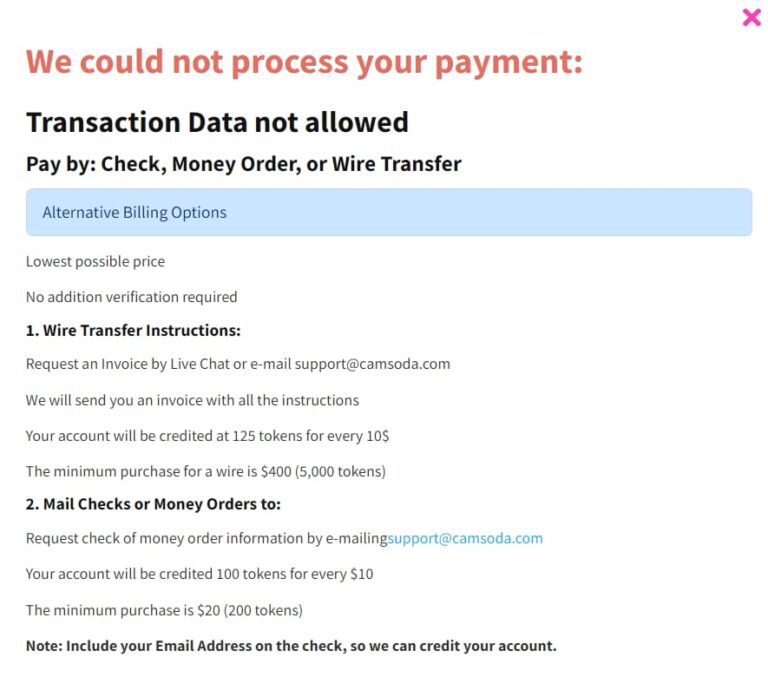 Camsoda message: “we could not process your payment”
