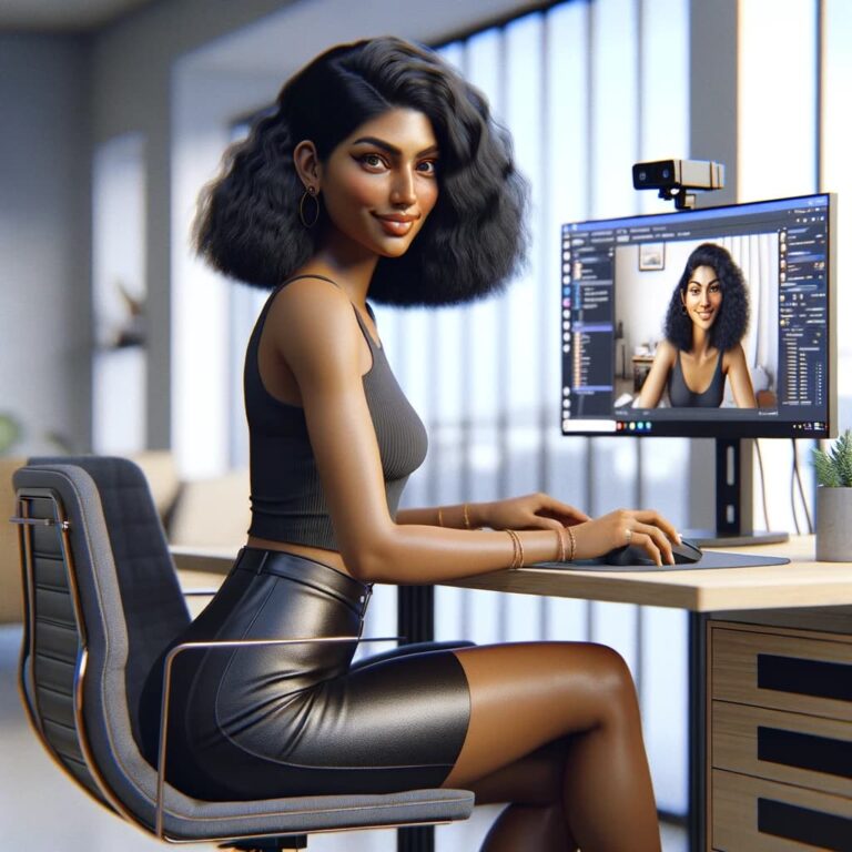 Illustration of a cam girl chatting from her desk in front of a webcam