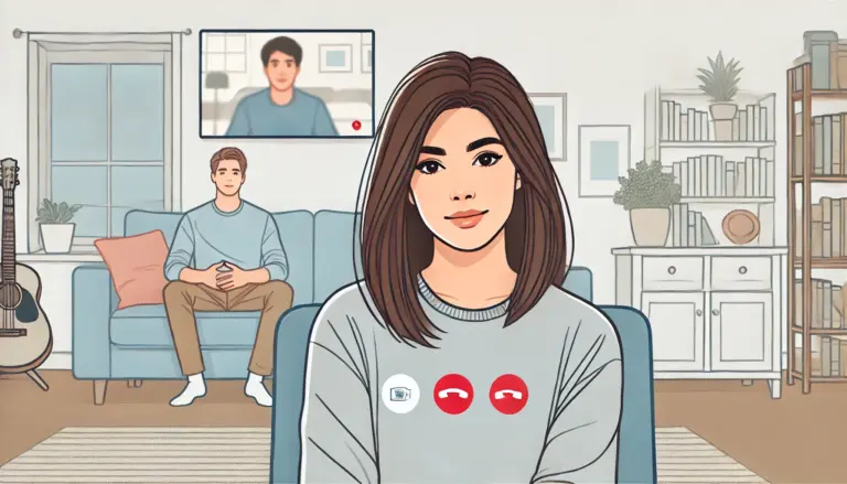 Illustration of a cam girl on a video call while a man waits in the background