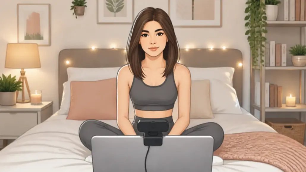 Illustration of a young woman in a gym outfit sitting on her bed behind a laptop, with an external HD webcam mounted on the lid and filming her